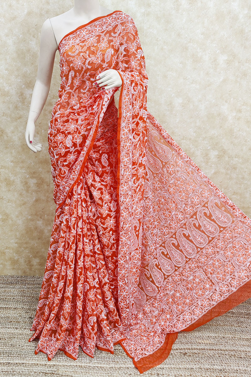 Orange Color Allover Jaal Heavy Palla Hand Embroidered Lucknowi Chikankari Saree (with Blouse - Georgette) Mc251910